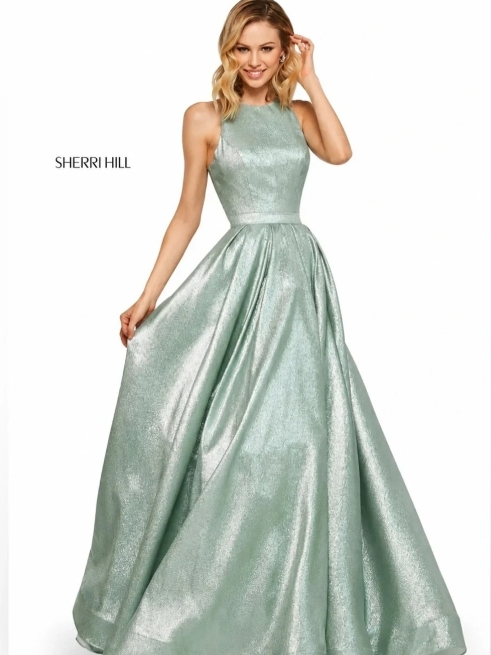 Sherri Hill Shimmering Mint High-Neck Ball Gown 52958